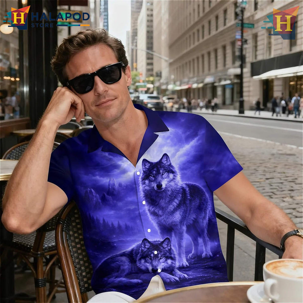 Purple Moon Wolf Hawaiian Shirt Funny Graphic Tropical Holiday Summer Shirt