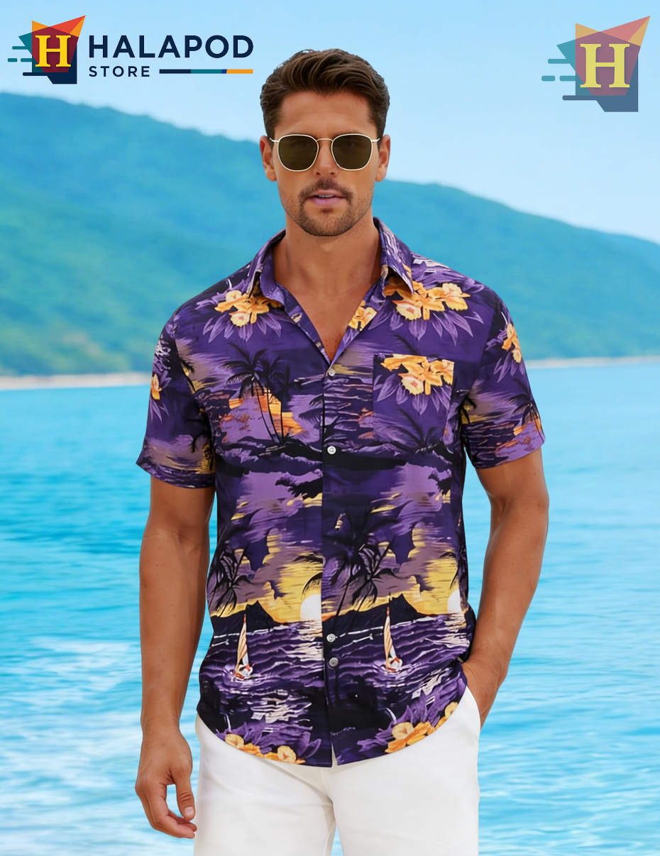 Purple Palm Tree Hawaiian Shirt Casual Summer Beach Tropical Outfits Mens Apparel