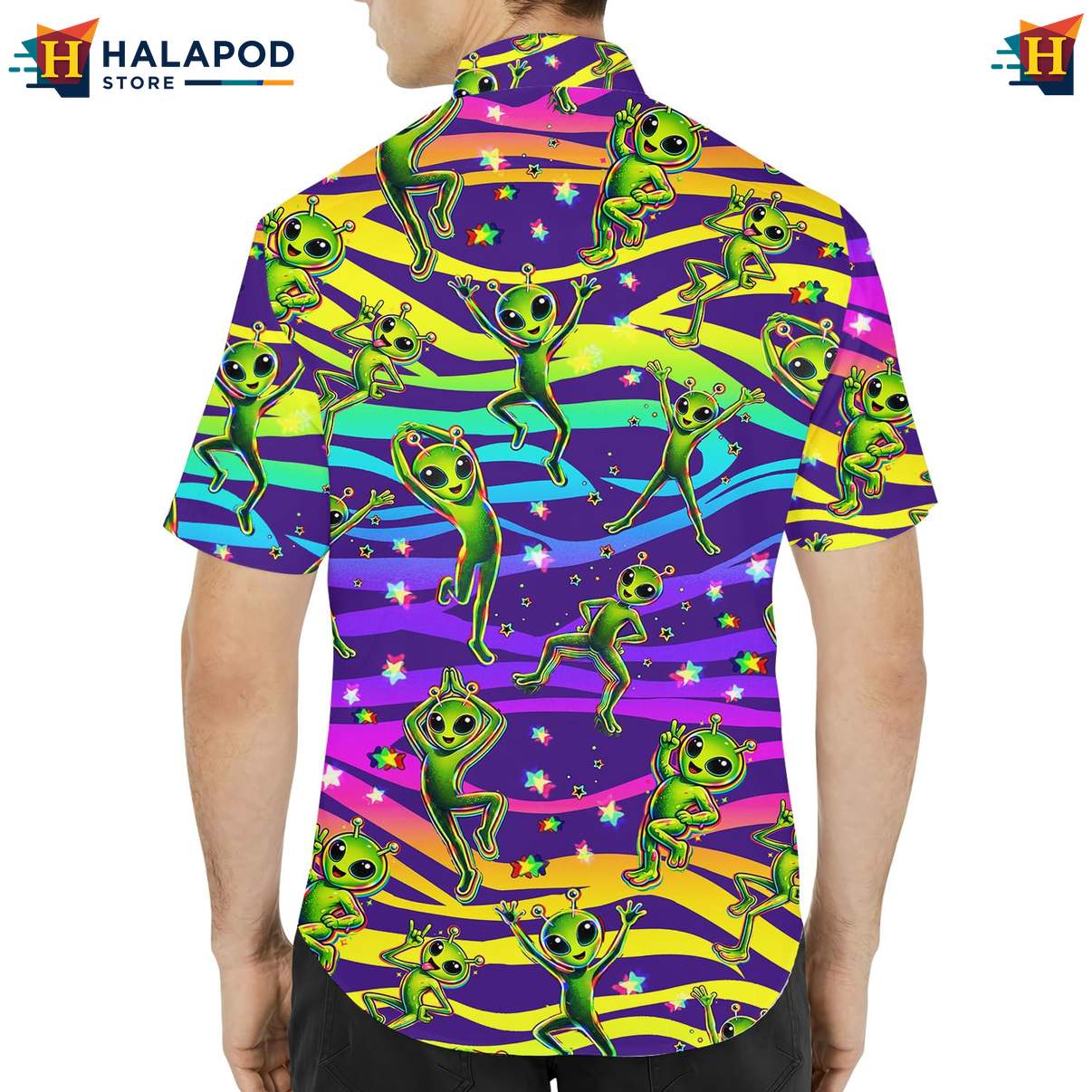 Quirky Alien Aloha Tee Shirt, Multicolor Summer Button Down For Fun Beach Vibes