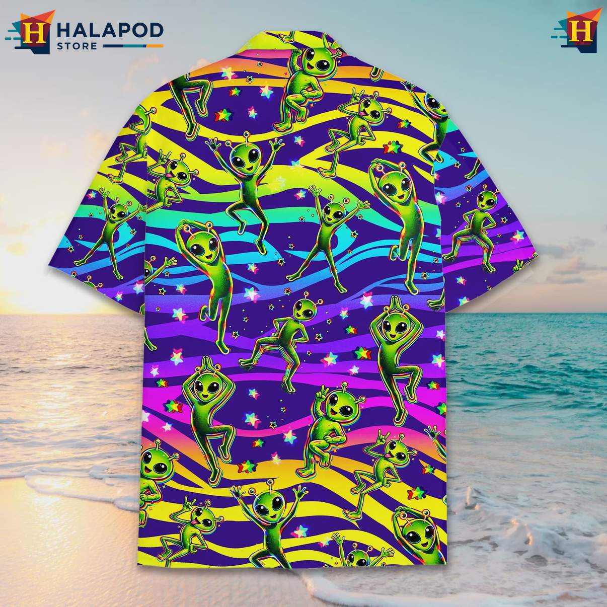 Quirky Alien Aloha T-Shirt, Multicolor Summer Button Down For Fun Beach Vibes
