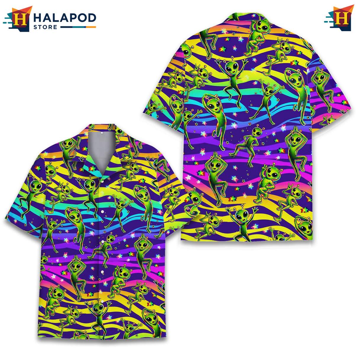 Quirky Alien Aloha TShirt, Multicolor Summer Button Down For Fun Beach Vibes