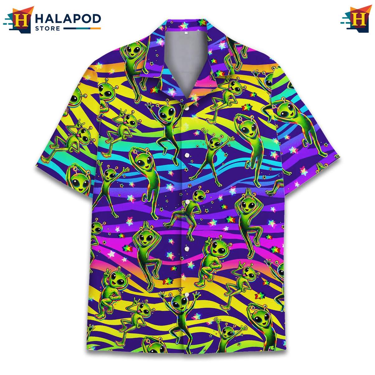 Quirky Alien Aloha Tee, Multicolor Summer Button Down For Fun Beach Vibes