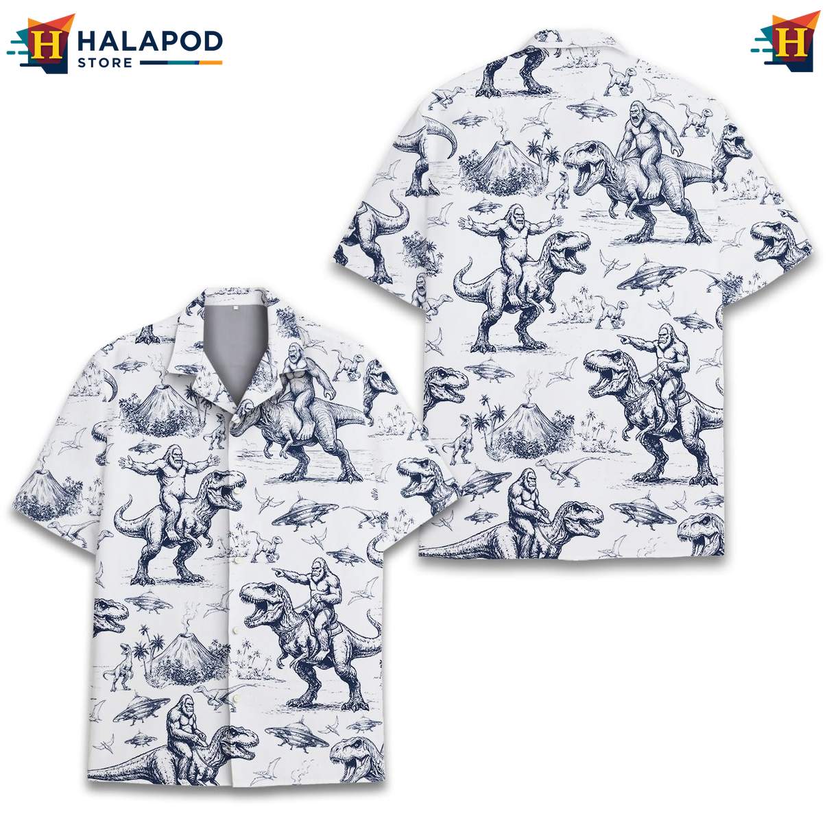 Quirky Bigfoot T Rex Short-sleeve button-up shirt, Playful Summer Button Down For Beach Lovers