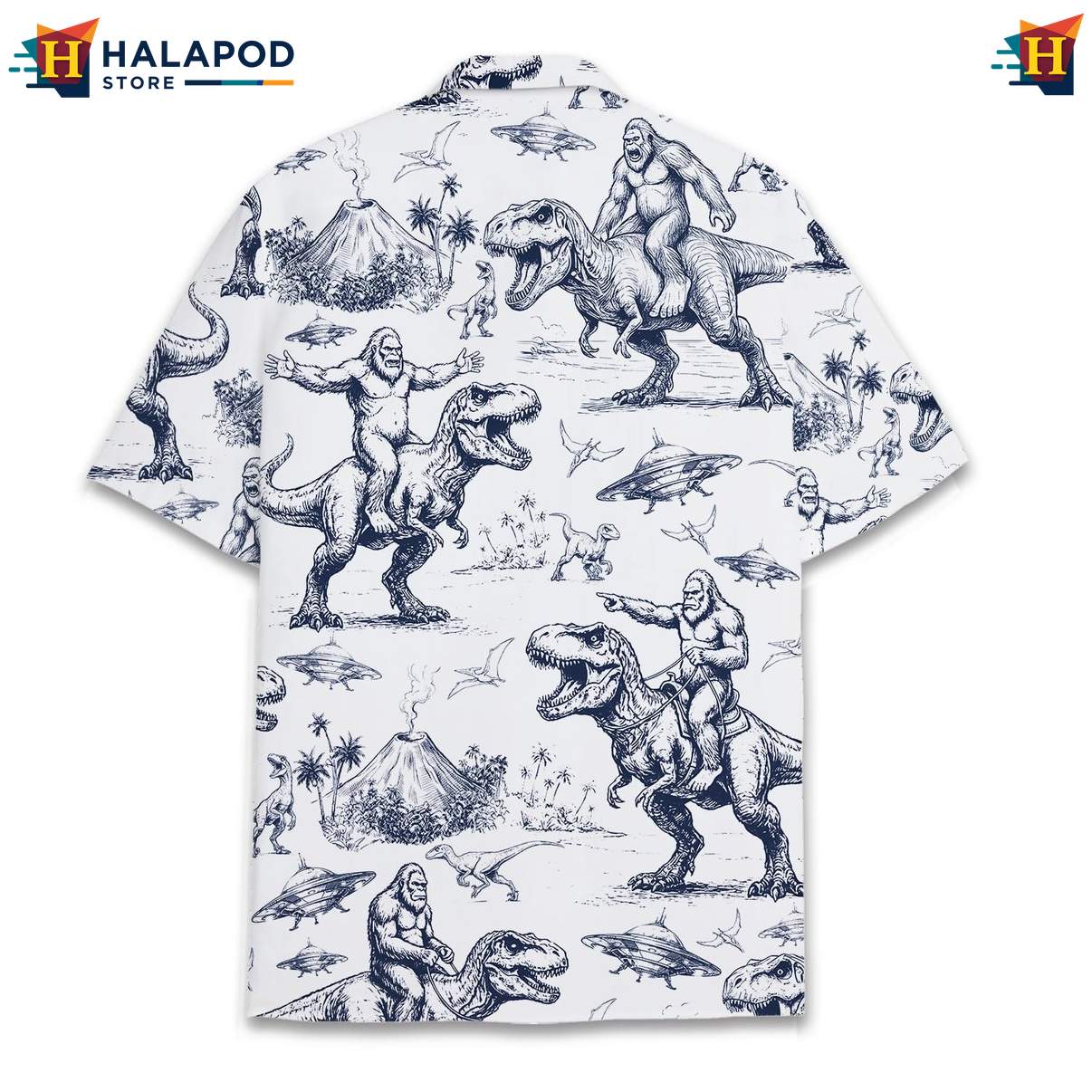 Quirky Bigfoot T Rex Aloha Shirt, Playful Summer Button Down For Beach Lovers