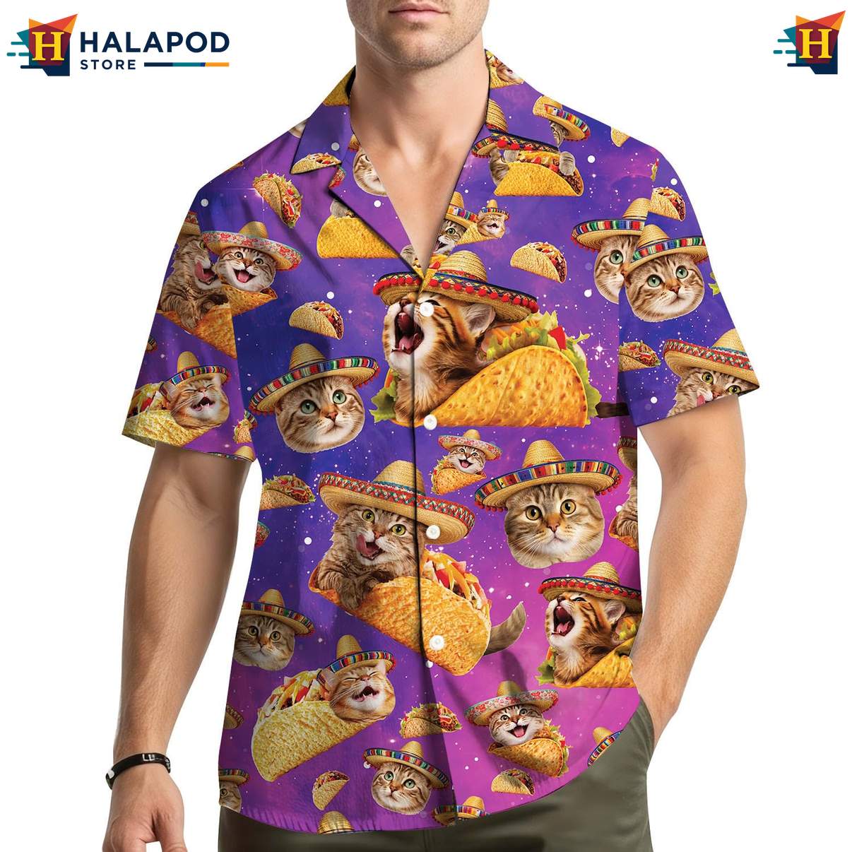 Quirky Cat Aloha Shirt, Purple Button Down With Playful Cats And Tacos