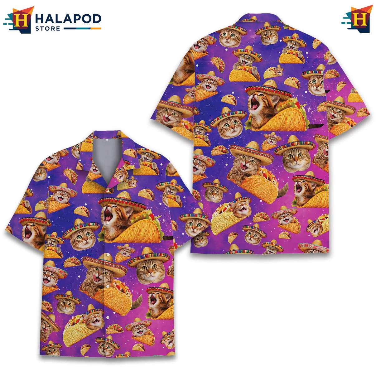 Quirky Cat Aloha T-Shirt, Purple Button Down With Playful Cats And Tacos