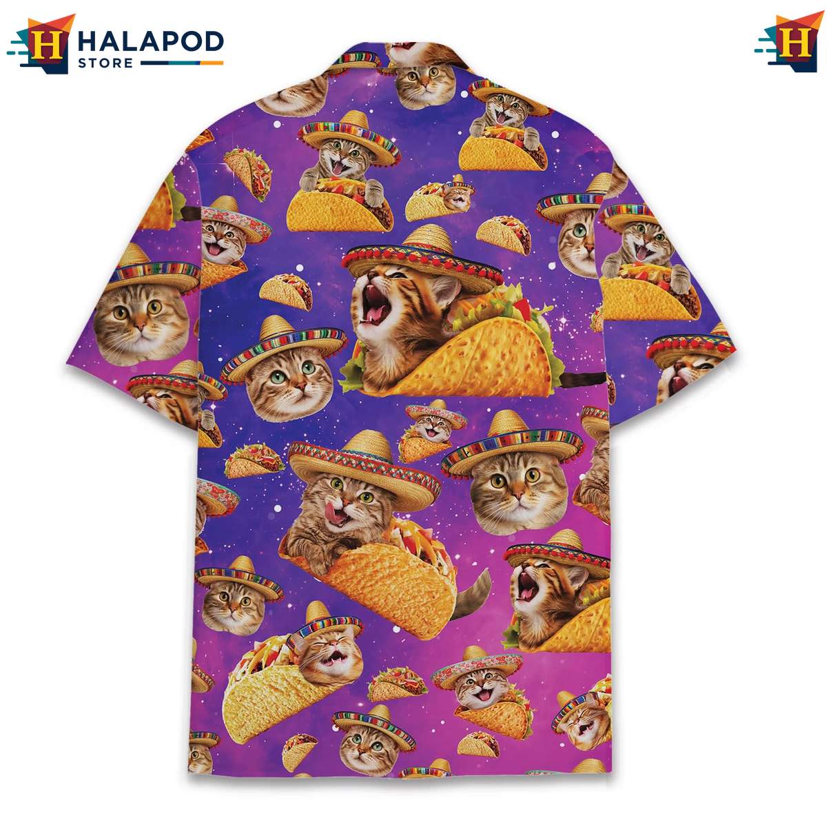 Quirky Cat Aloha Tee, Purple Button Down With Playful Cats And Tacos