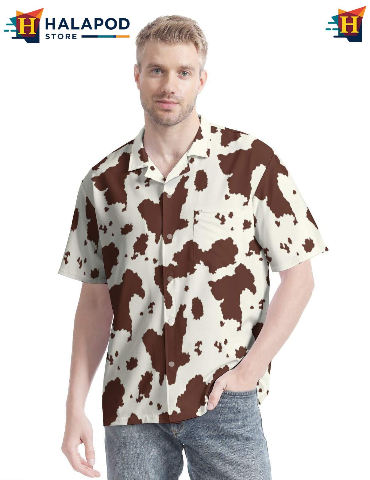 Quirky Cow Aloha Tee Shirt, Fun Button Up Tropical Shirt With Playful Cow Print