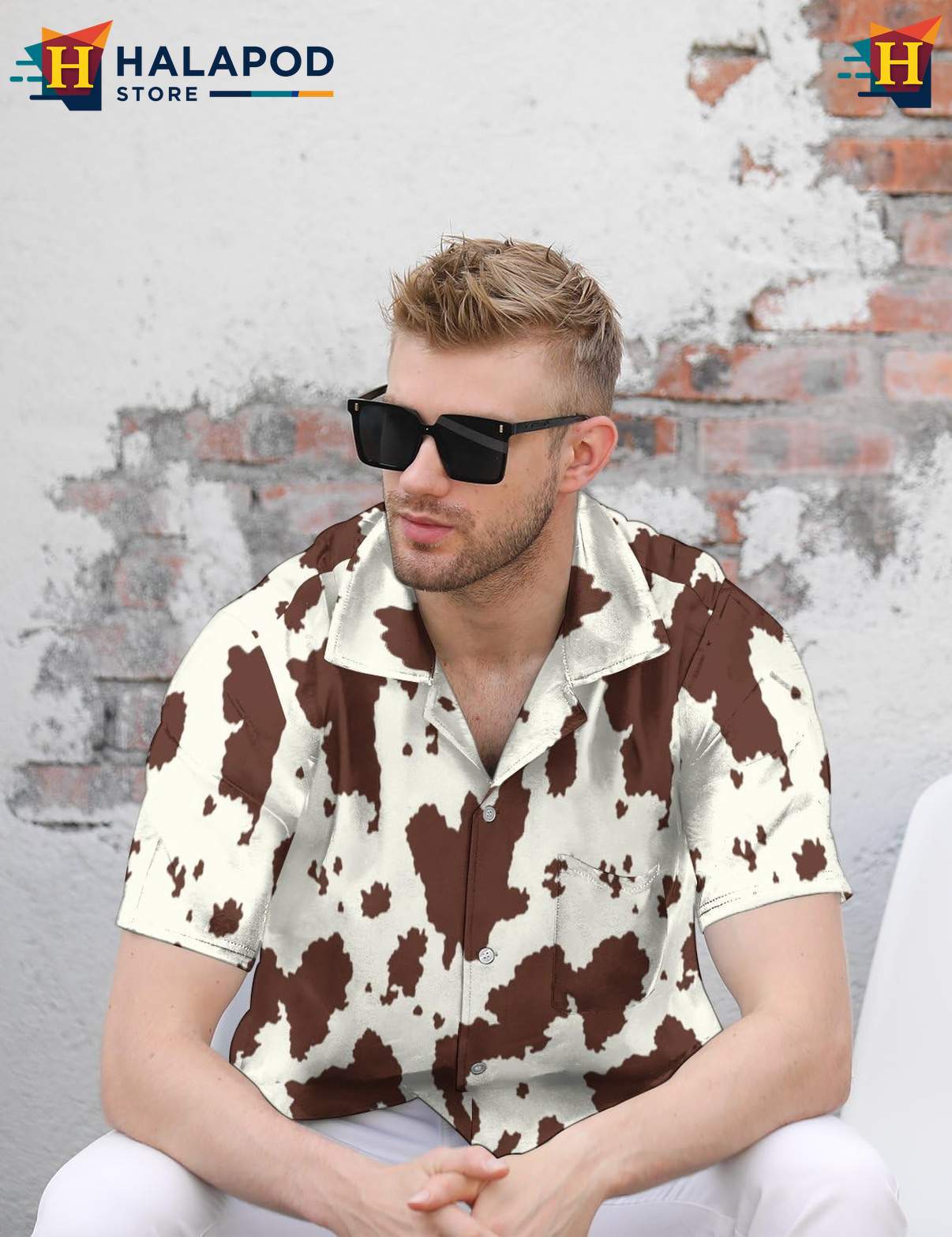 Quirky Cow Aloha T-Shirt, Fun Button Up Tropical Shirt With Playful Cow Print