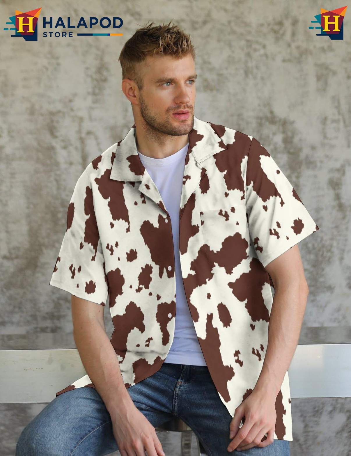 Quirky Cow Aloha Tee, Fun Button Up Tropical Shirt With Playful Cow Print