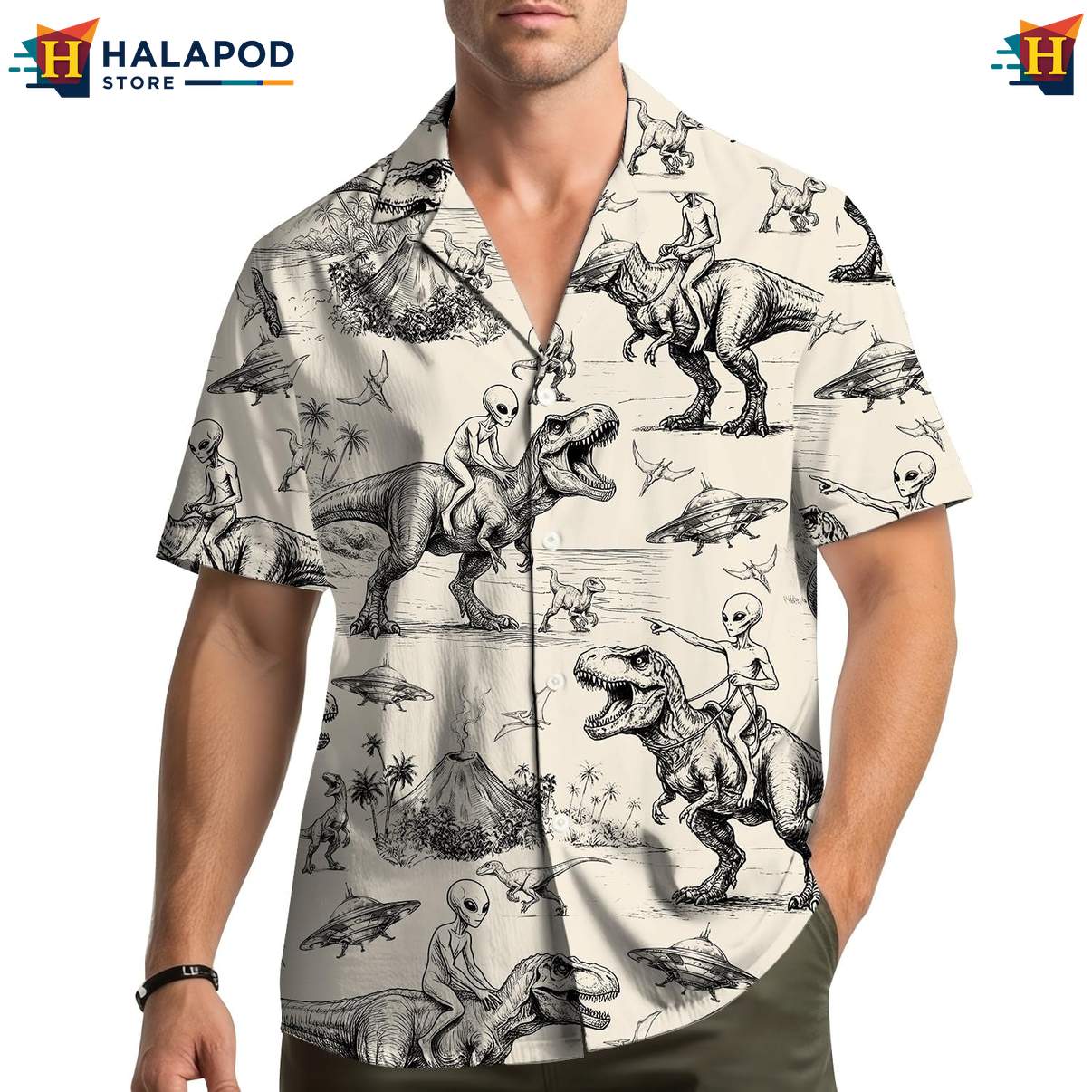 Quirky Dinosaur Alien Hawaiian Shirt, Beige T Rex And Alien Print Summer Button Down