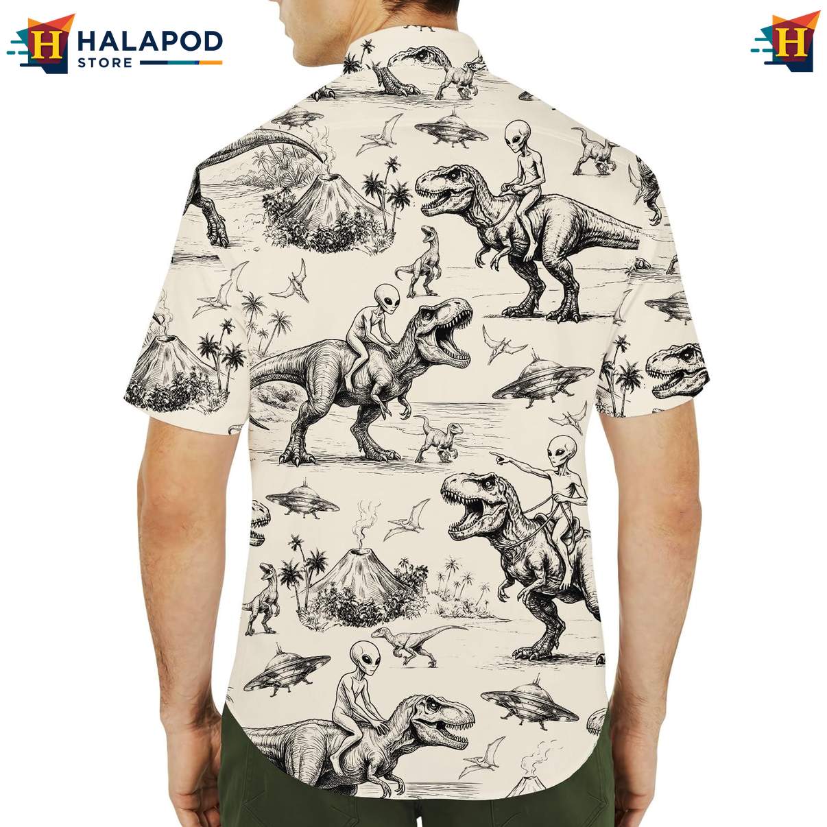 Quirky Dinosaur Alien Short-sleeve button-up shirt, Beige T Rex And Alien Print Summer Button Down