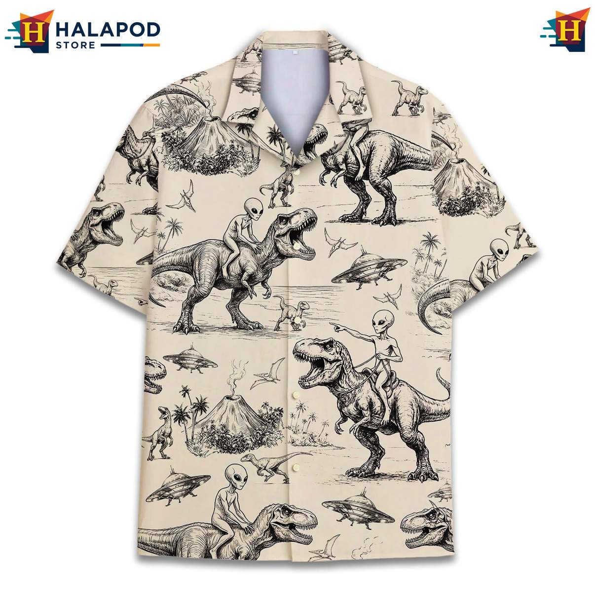 Quirky Dinosaur Alien Aloha Shirt, Beige T Rex And Alien Print Summer Button Down
