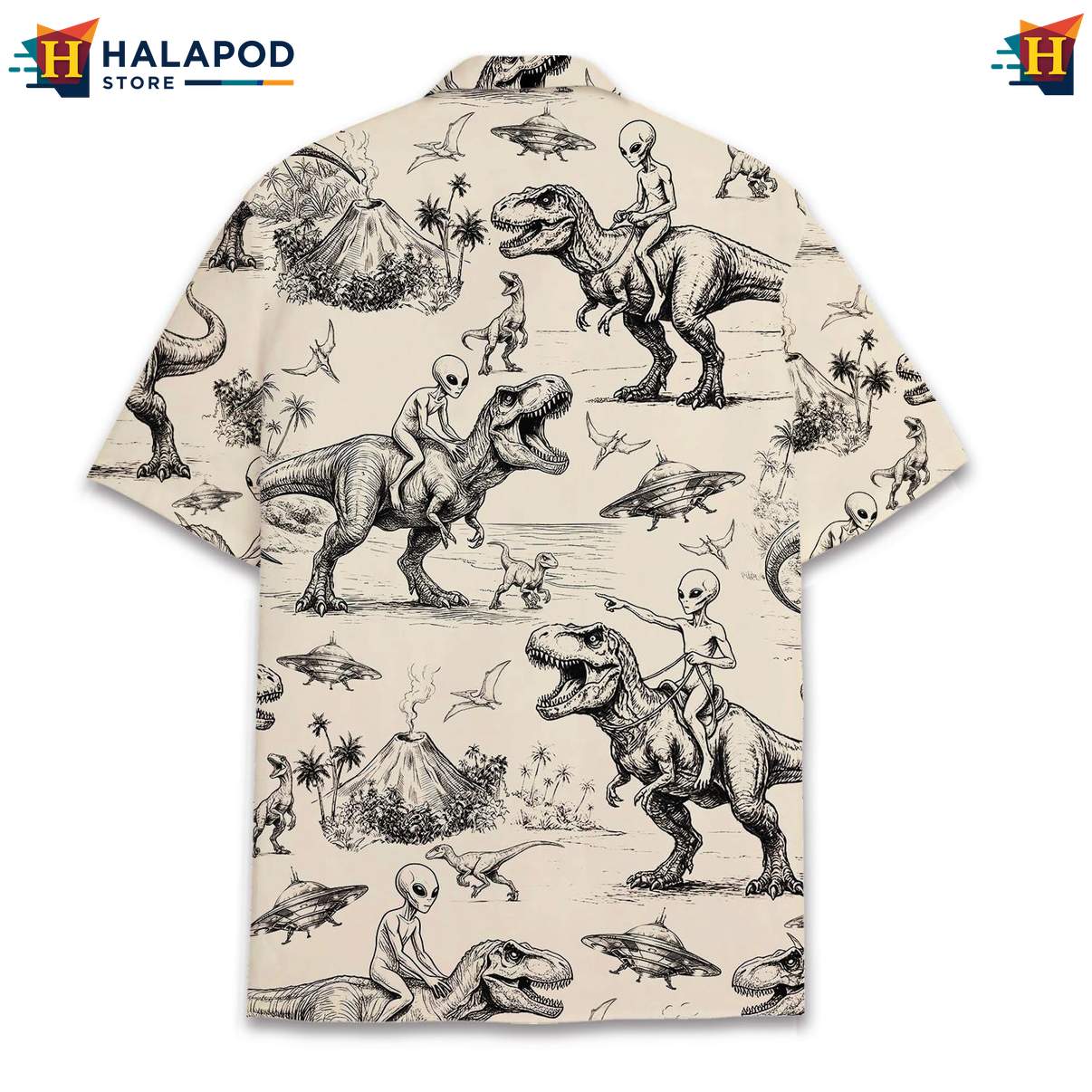 Quirky Dinosaur Alien Short-sleeve button-up shirt, Beige T Rex And Alien Print Summer Button Down