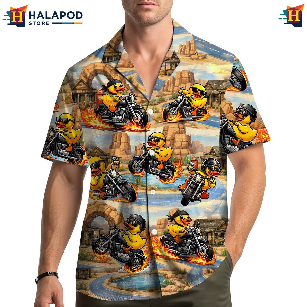 Quirky Duck Motorcycle Hawaiian Shirt, Cute Cat Design For Summer Beach Fun