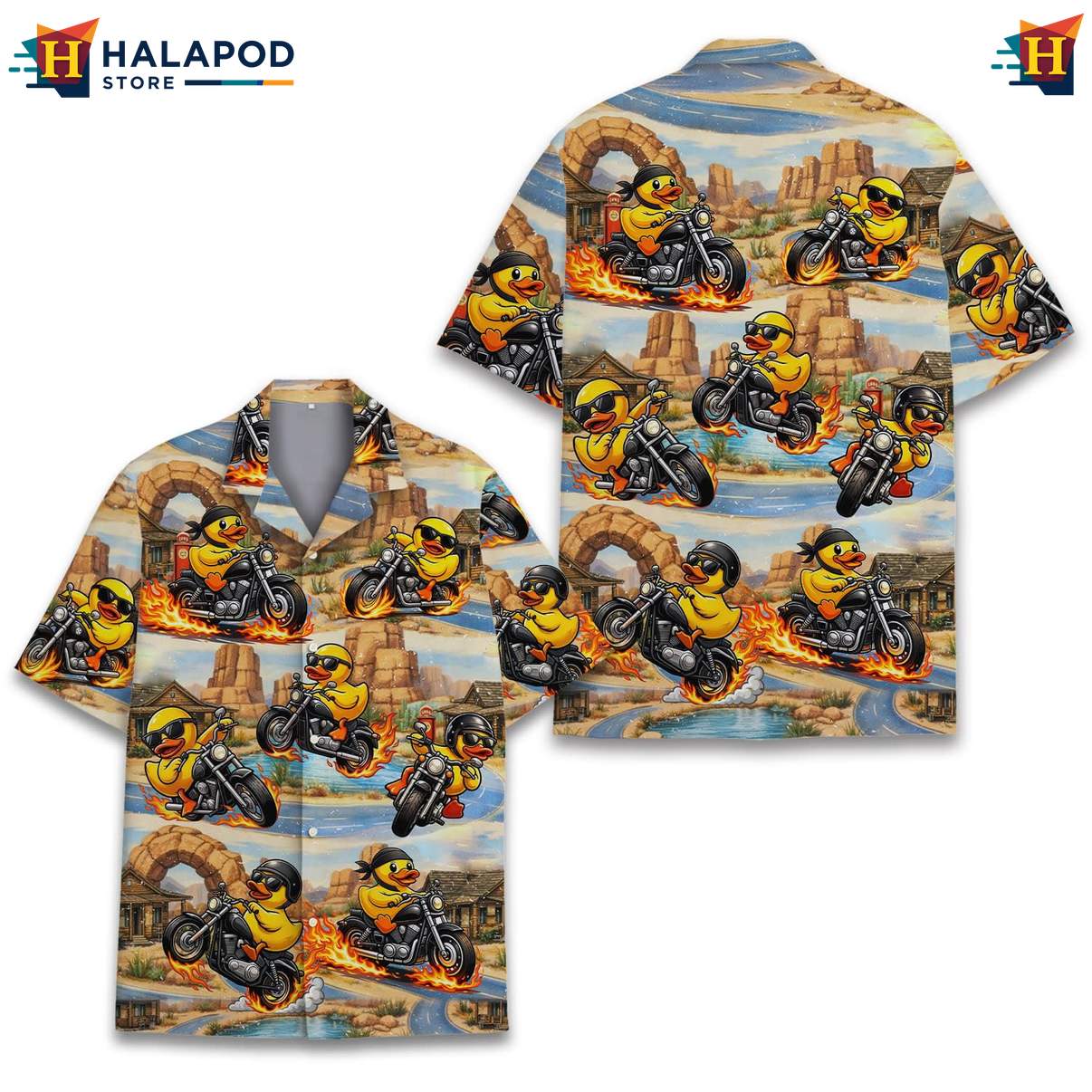 Quirky Duck Motorcycle Short-sleeve button-up shirt, Cute Cat Design For Summer Beach Fun