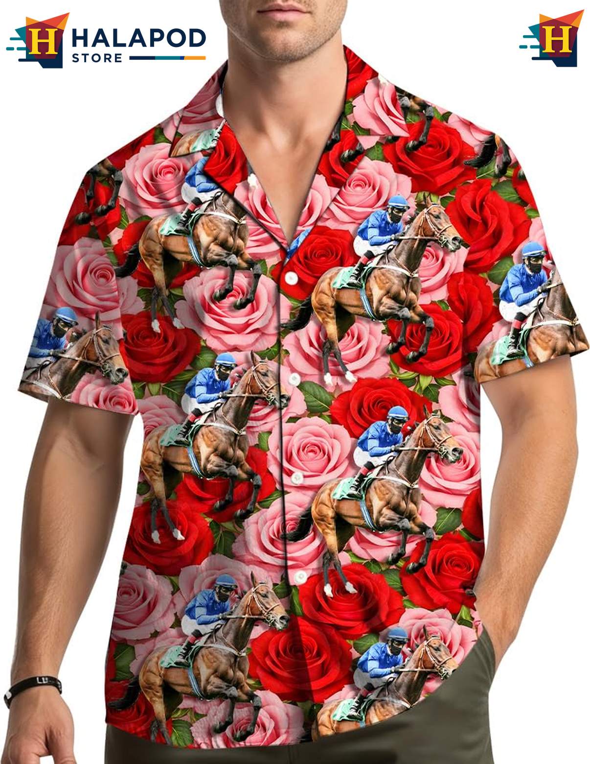 Quirky Horse Aloha Shirt, Vibrant Red Floral Summer Shirt For Beach Parties