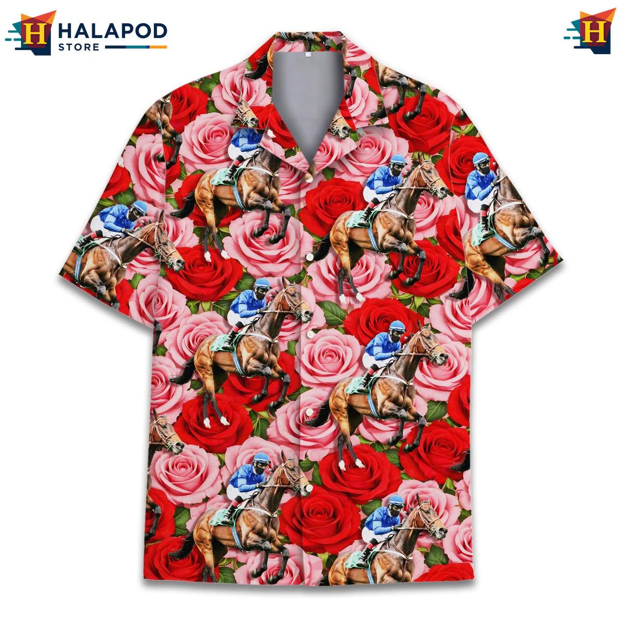 Quirky Horse Aloha T-Shirt, Vibrant Red Floral Summer Shirt For Beach Parties