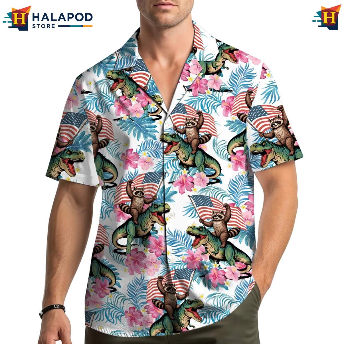 Raccoon Dinosaur Patriotic Hawaiian Shirt USA Flag 4th Of July Button Down
