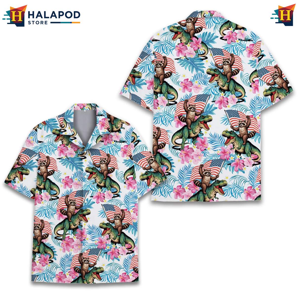Raccoon Dinosaur Patriotic Short-sleeve button-up shirt USA Flag 4th Of July Button Down