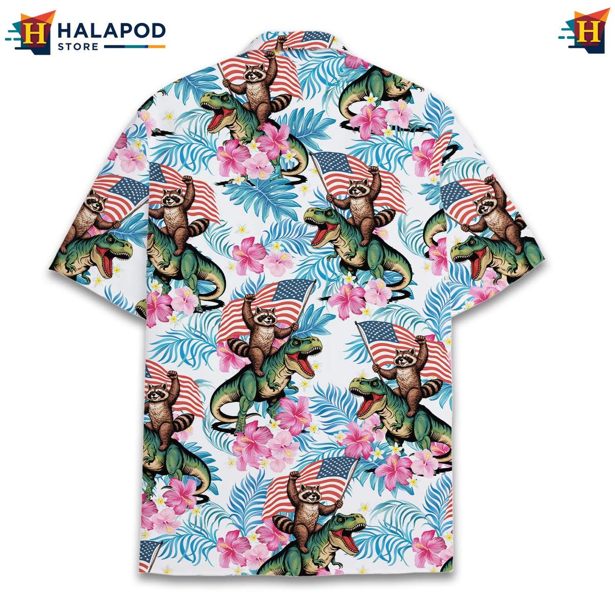 Raccoon Dinosaur Patriotic Aloha Shirt USA Flag 4th Of July Button Down