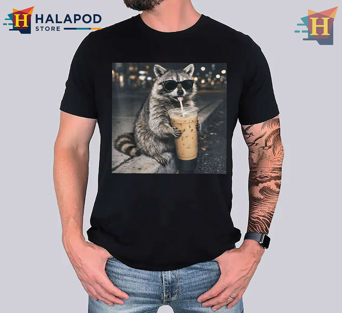 Raccoon Drinking Iced Coffee Shirt Funny Animal Meme Tee For Men Women