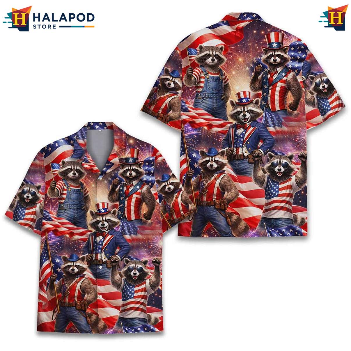 Raccoon Patriotic USA Flag Short-sleeve button-up shirt 4th Of July Button Down Beachwear