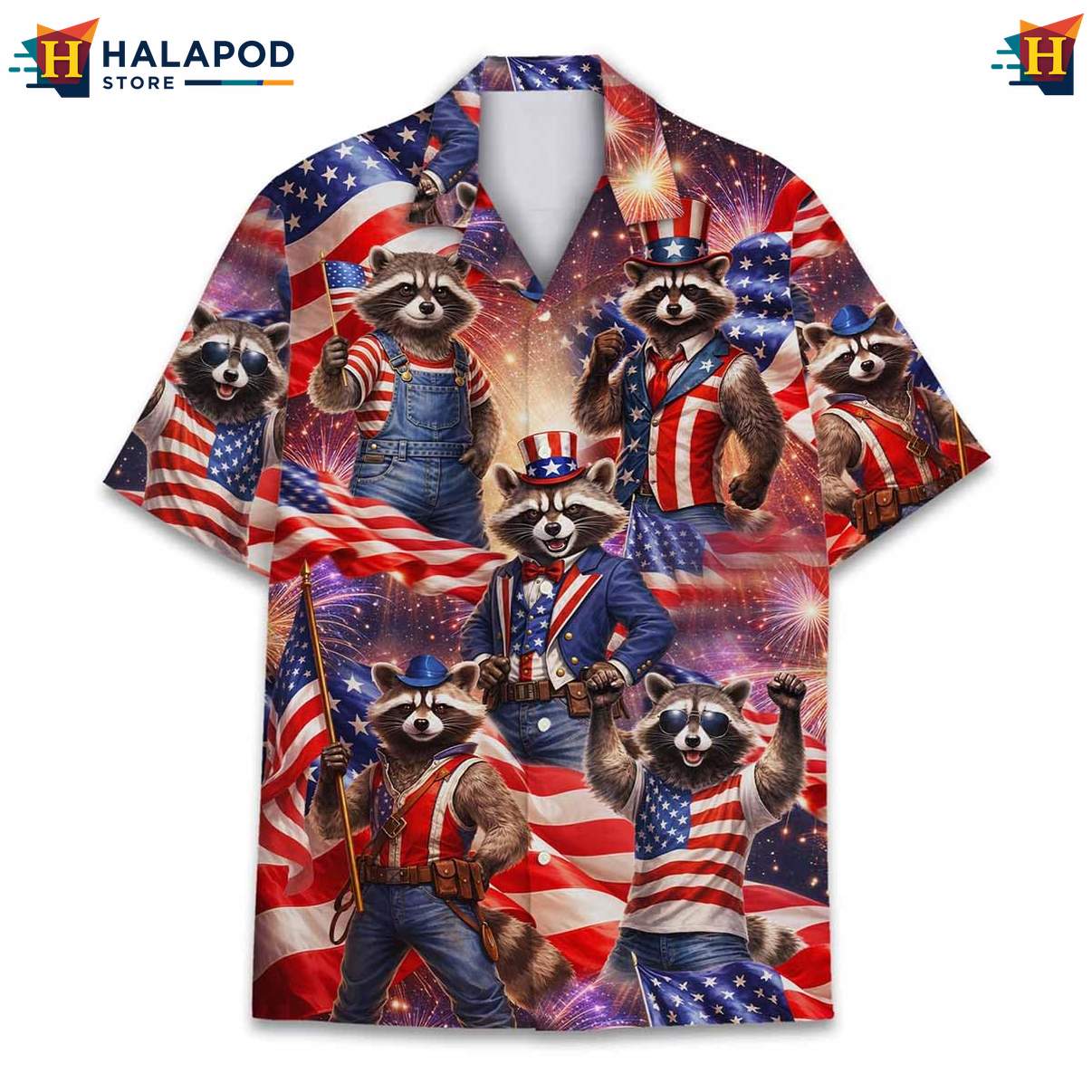 Raccoon Patriotic USA Flag Tropical Shirt 4th Of July Button Down Beachwear