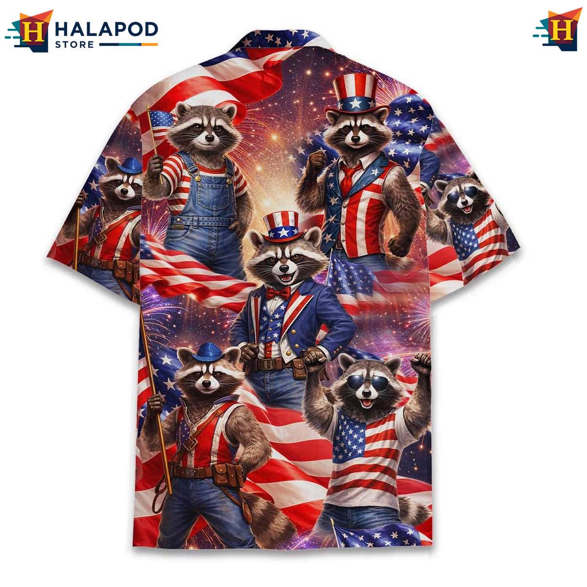 Raccoon Patriotic USA Flag Aloha Shirt 4th Of July Button Down Beachwear