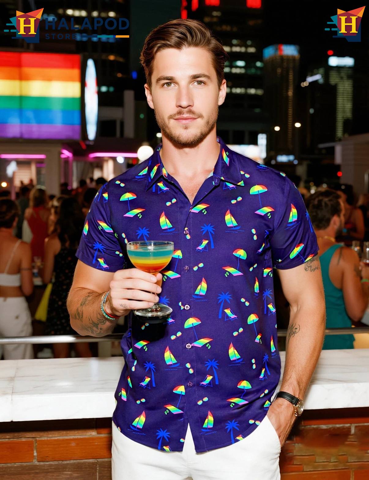 Rainbow Beach Tropical Aloha Shirt Mens Aloha Button Down Short Sleeve