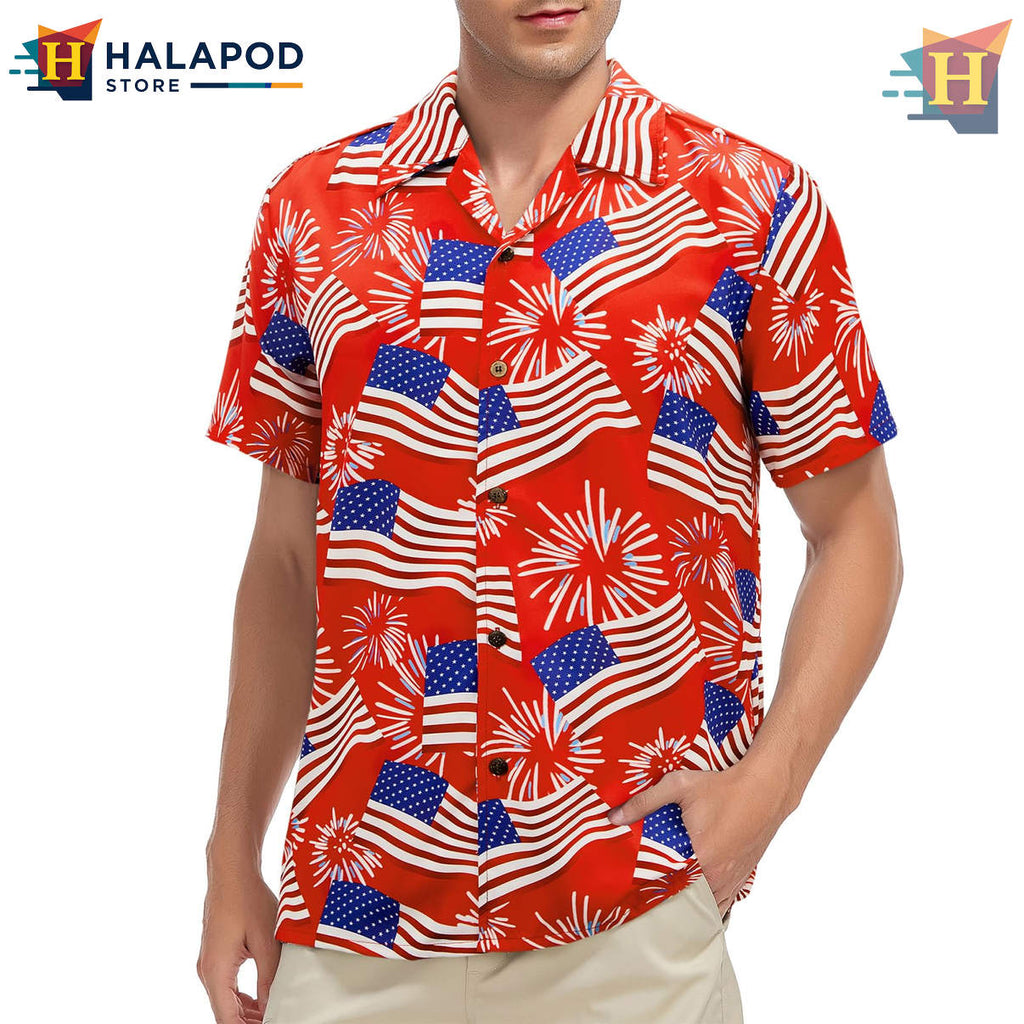 Red American Flag Hawaiian Shirt Floral Print Novelty Casual Beach Fan Apparel