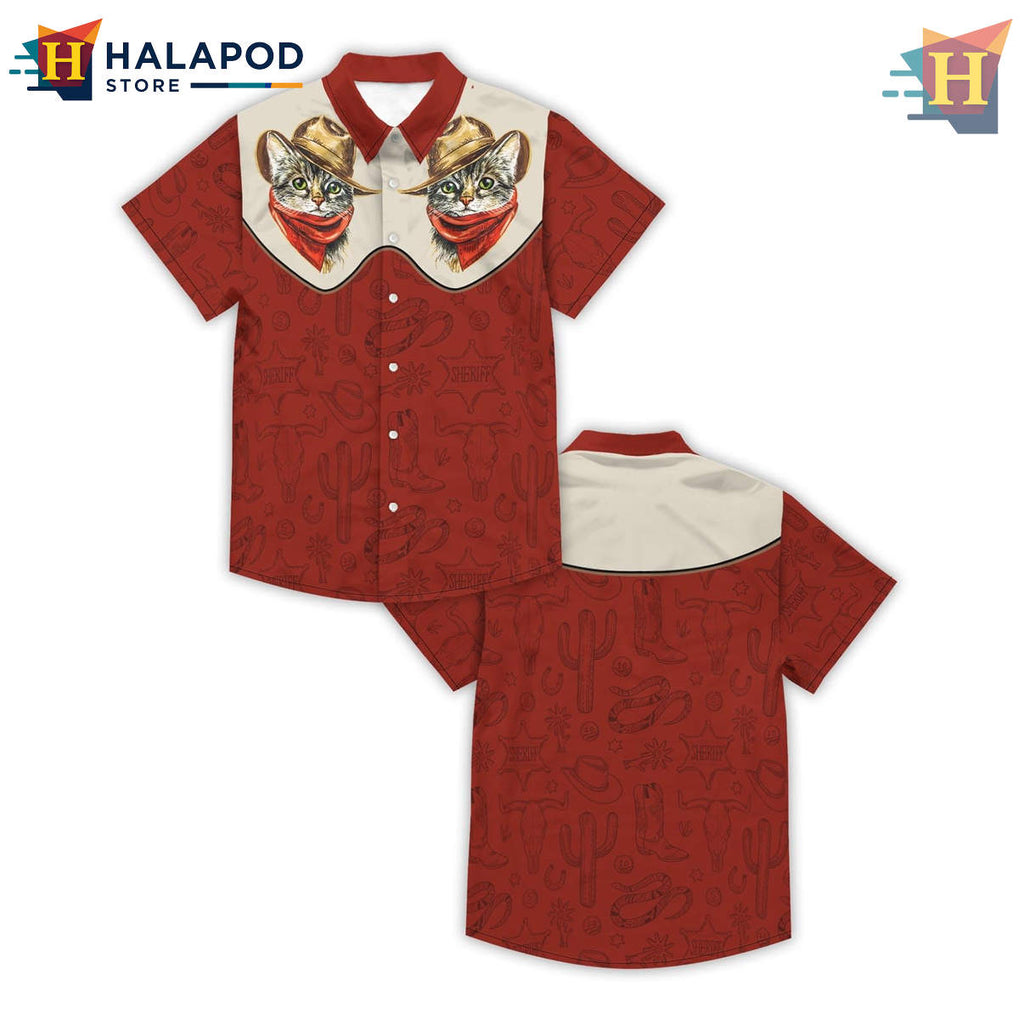 Red Cat Hawaiian Shirt Summer Beach Tropical Vacation Print Casual Aloha Apparel