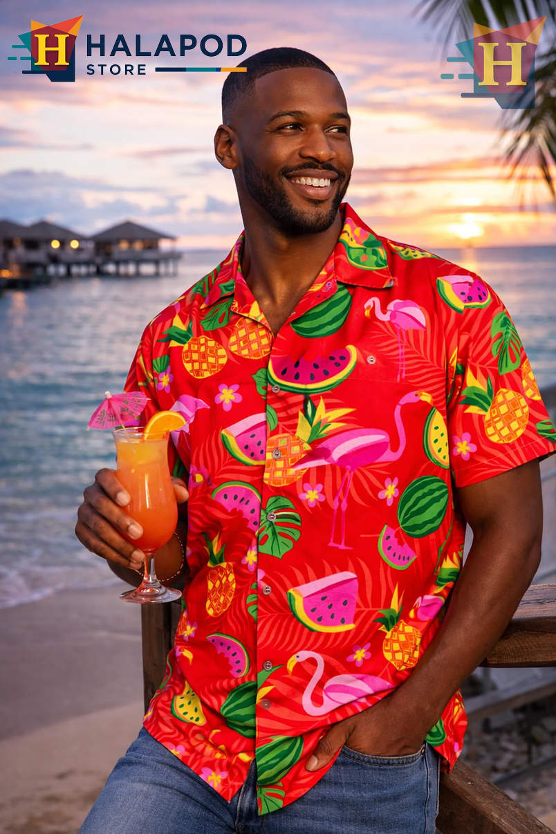 Red Flamingo Melon Hawaiian Shirt Tropical Summer Beach Casual Mens Shirt