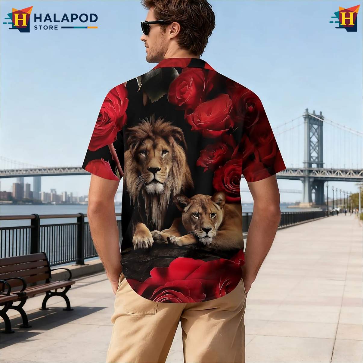 Red Flower Lion Couple Tropical Shirt Tropical Short Sleeve Floral Tops