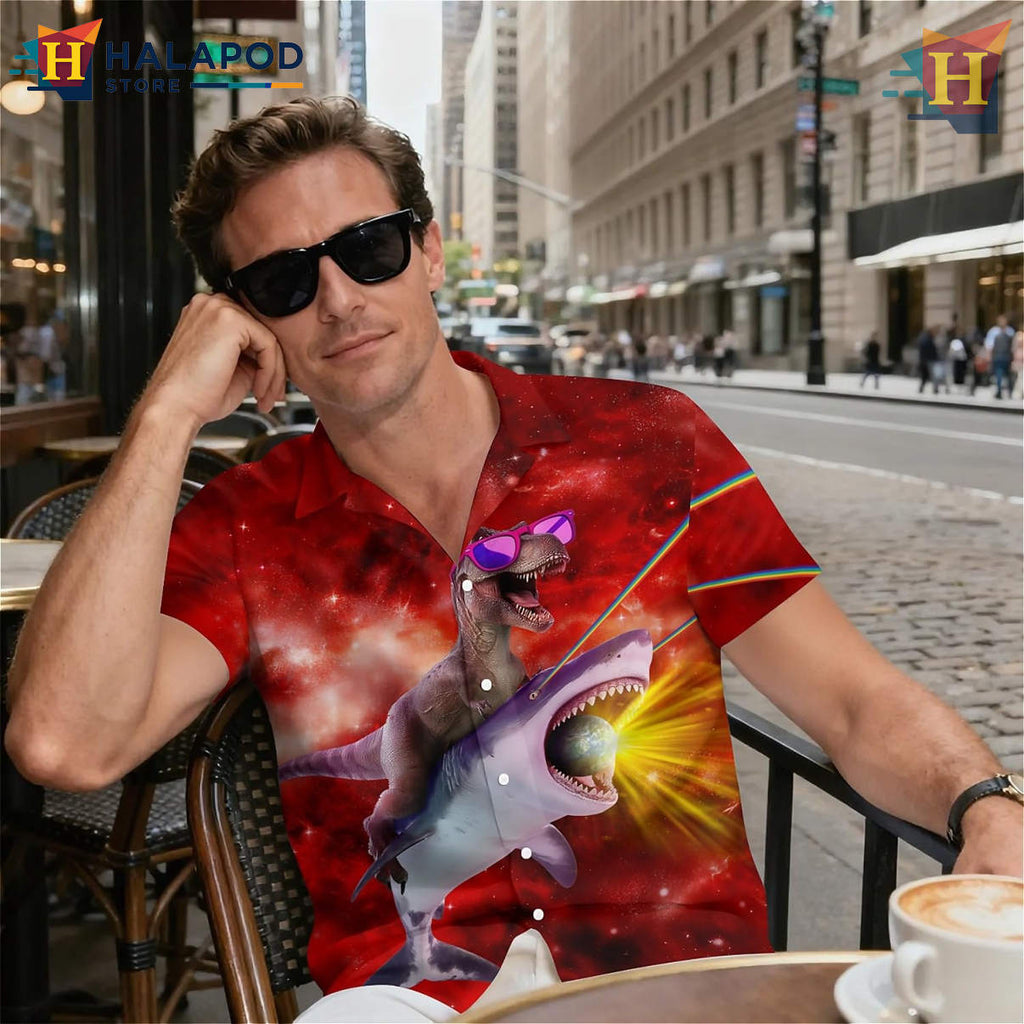 Red Galaxy Dinosaur Shark Hawaiian Shirt Tropical Summer Beach Holiday Shirt
