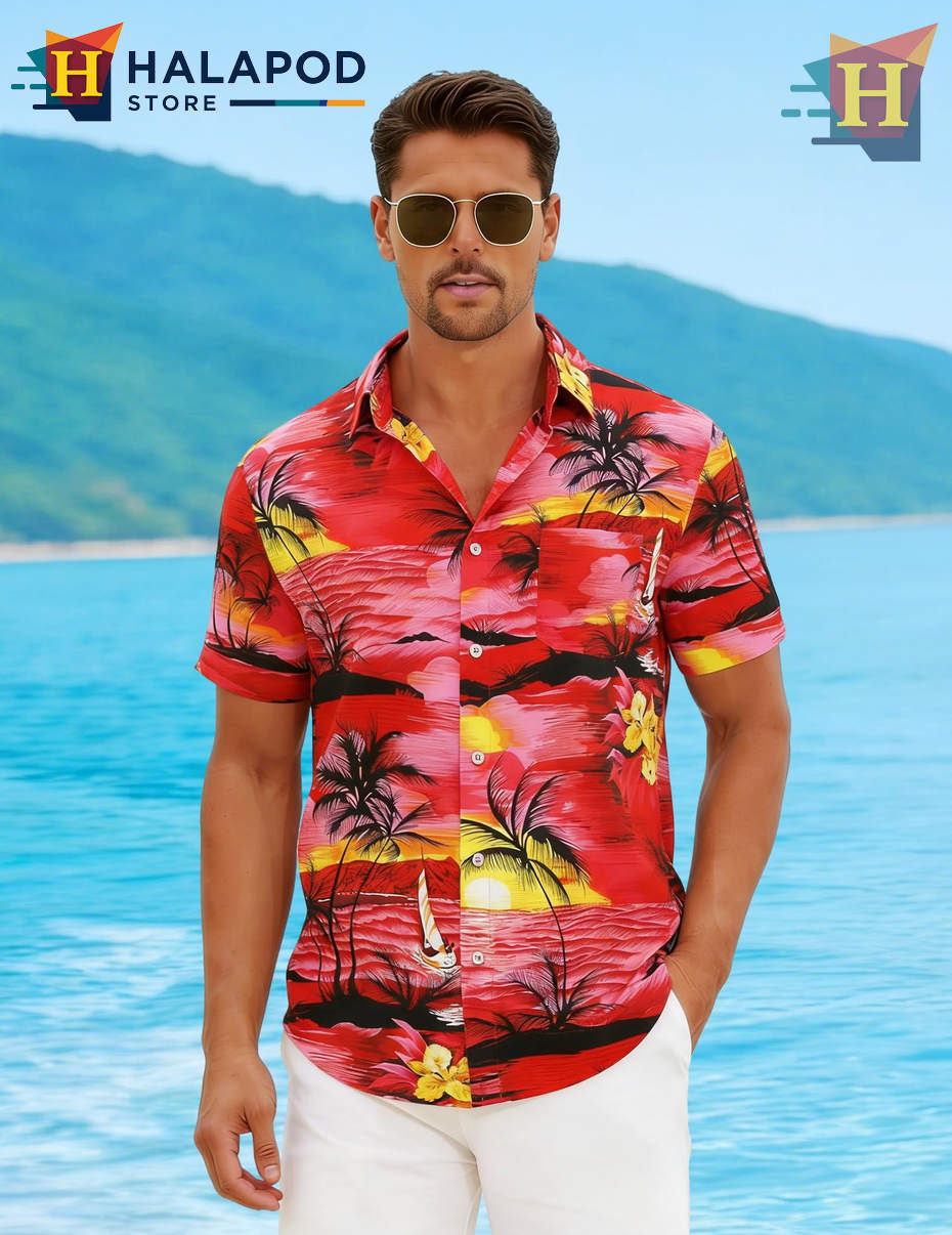 Red Palm Tree Hawaiian Shirt Casual Summer Beach Tropical Outfits Mens Fan Apparel