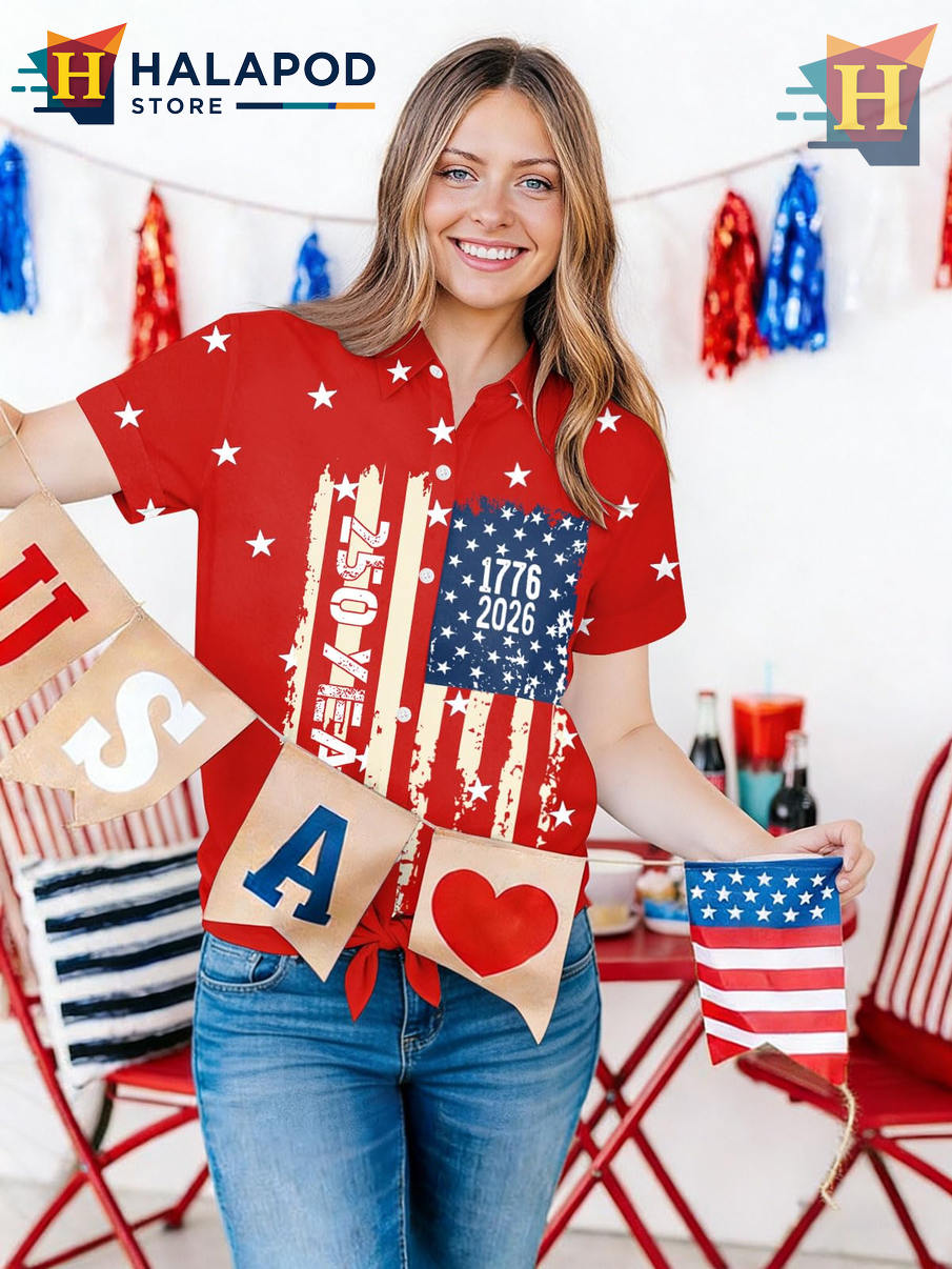 Red USA 250th Anniversary Hawaiian Shirt 2026 Patriotic Independence Fan Gear