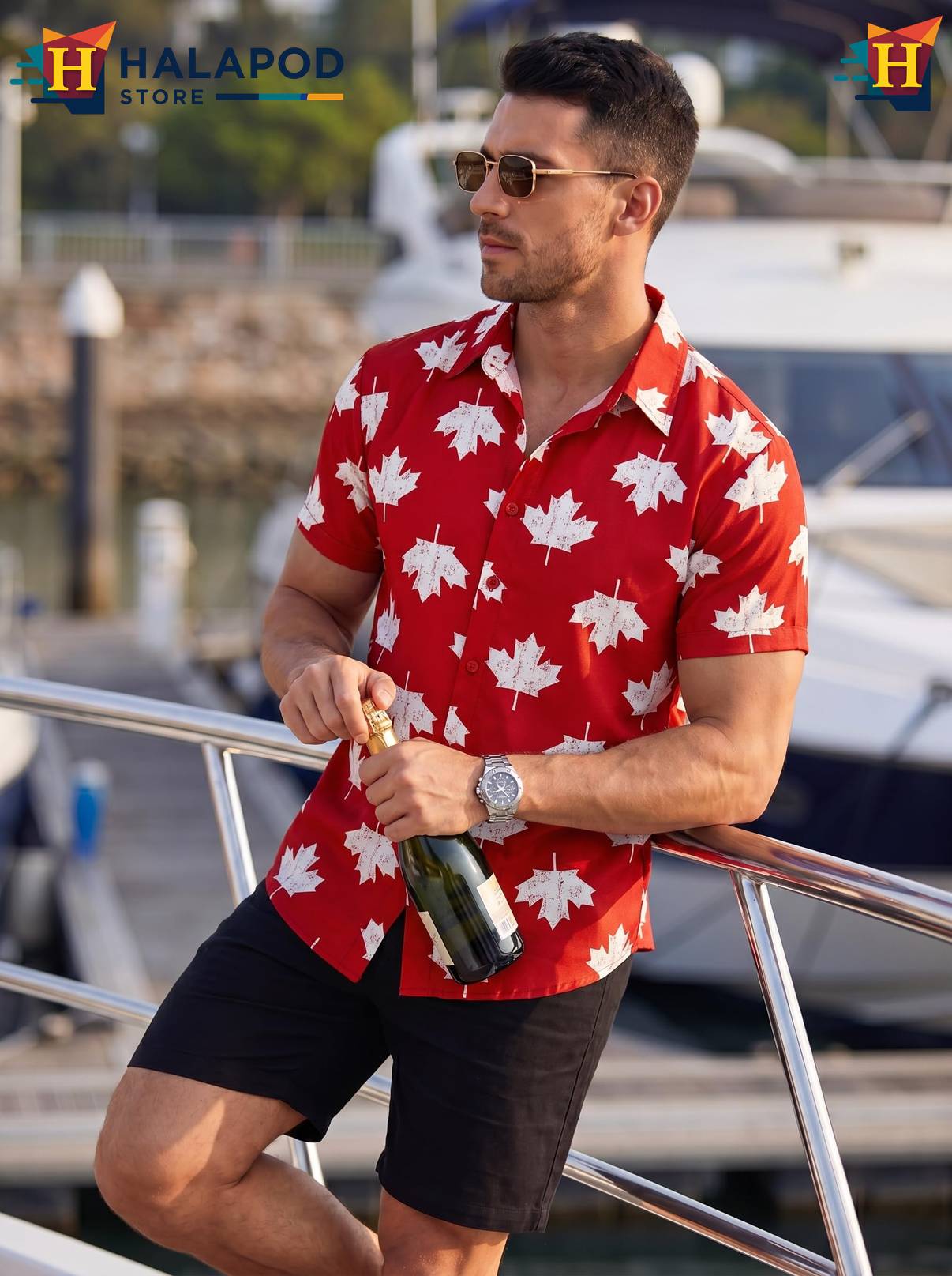 Red White Maple Short-sleeve button-up shirt Mens Tropical Beach Button Down Short Sleeve