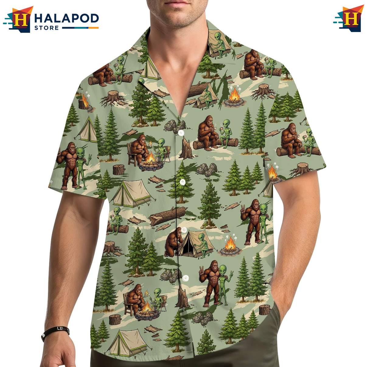 Retro Bigfoot Hawaiian Shirt, Playful Camping Design With Tents And Trees