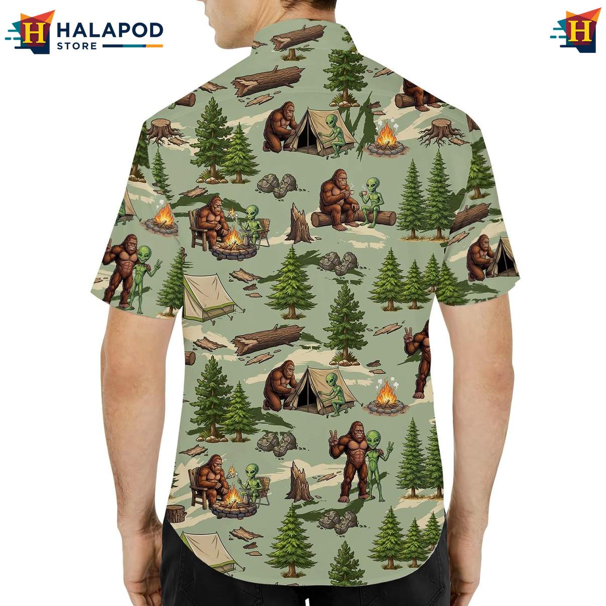 Retro Bigfoot Short-sleeve button-up shirt, Playful Camping Design With Tents And Trees