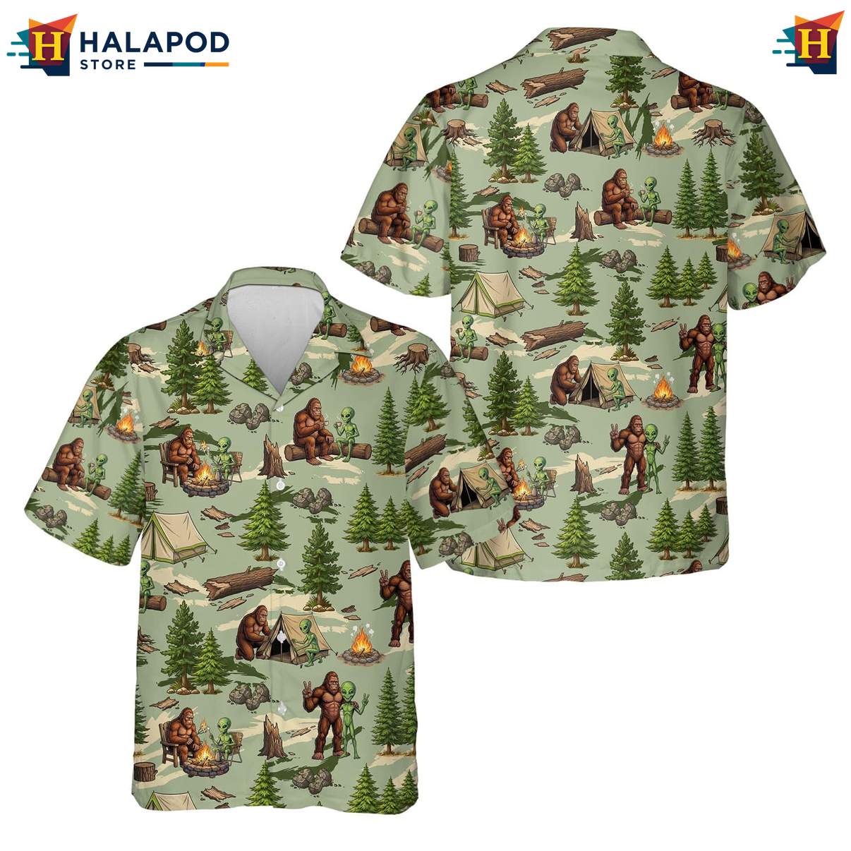 Retro Bigfoot Tropical Shirt, Playful Camping Design With Tents And Trees