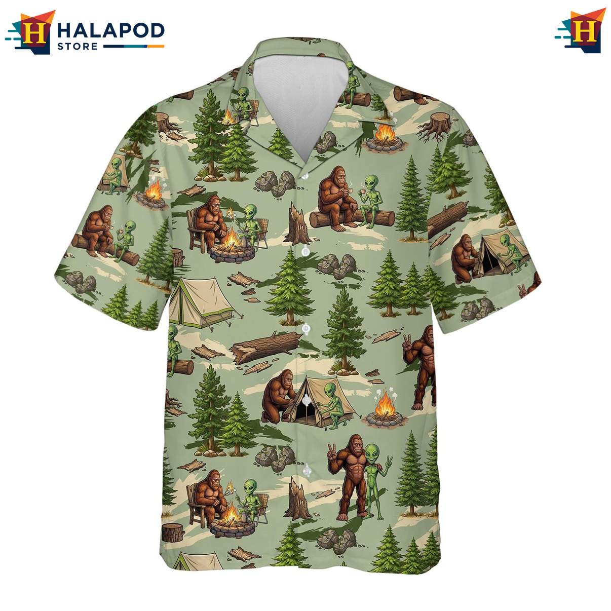 Retro Bigfoot Aloha Shirt, Playful Camping Design With Tents And Trees
