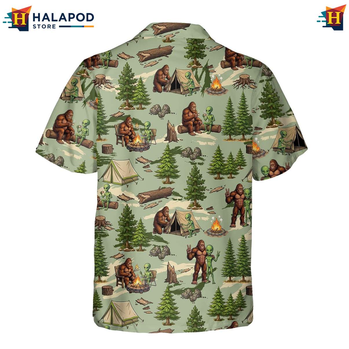 Retro Bigfoot Short-sleeve button-up shirt, Playful Camping Design With Tents And Trees