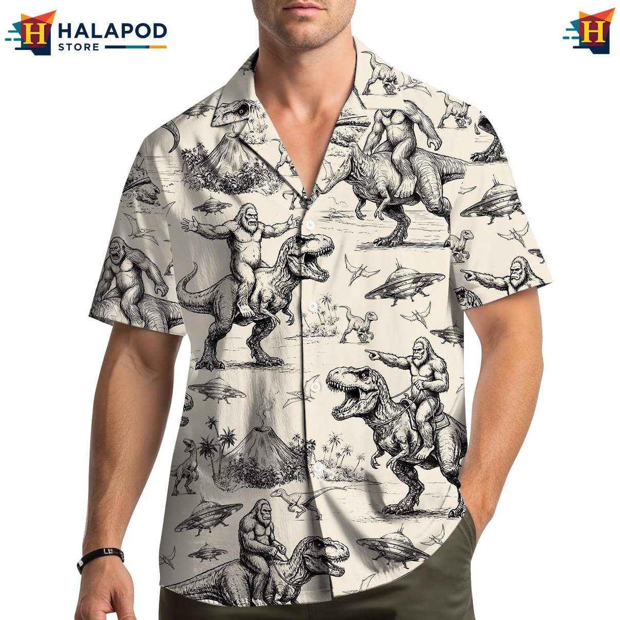 Retro Bigfoot T Rex Hawaiian Shirt, Beige Vintage Novelty Shirt For Men