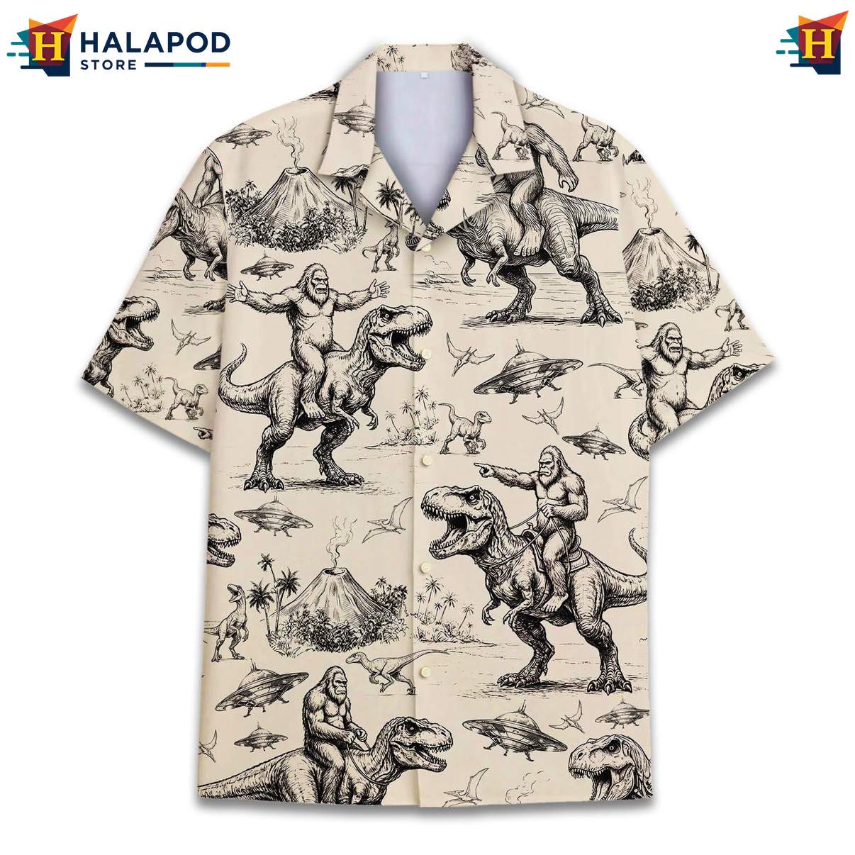 Retro Bigfoot T Rex Aloha Shirt, Beige Vintage Novelty Shirt For Men