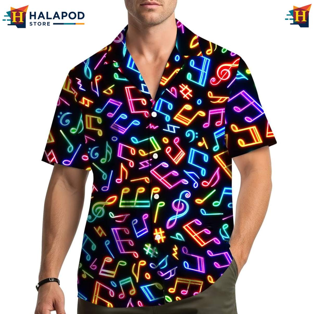 Retro Cat Hawaiian Shirt, Vibrant Black Summer Shirt With Neon Musical Notes