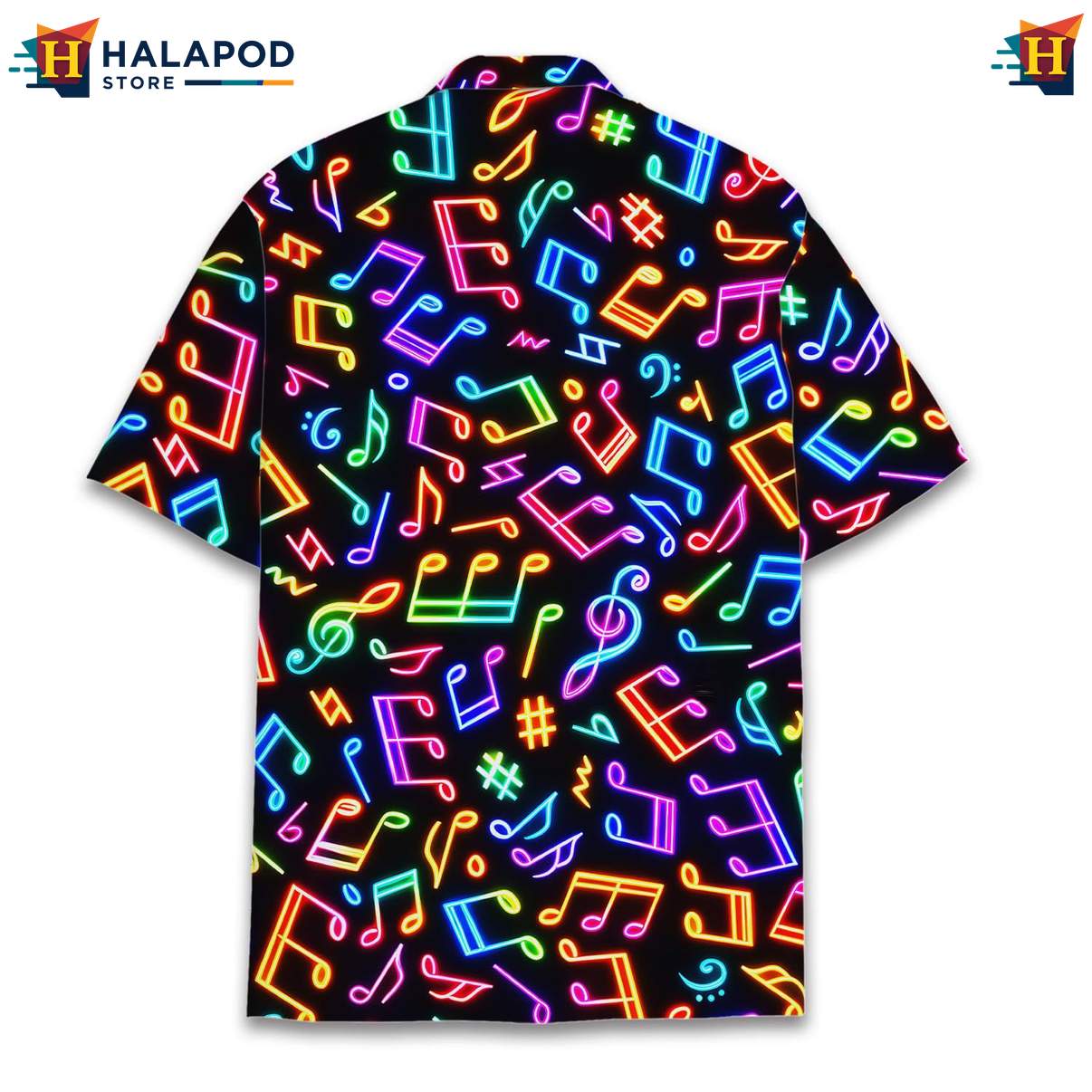 Retro Cat Aloha Shirt, Vibrant Black Summer Shirt With Neon Musical Notes