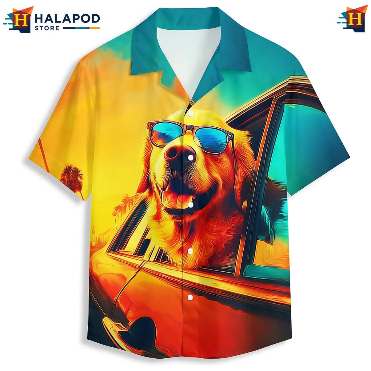 Retro Dog Drive Tropical Hawaiian Shirt Short Sleeve Floral Button Down