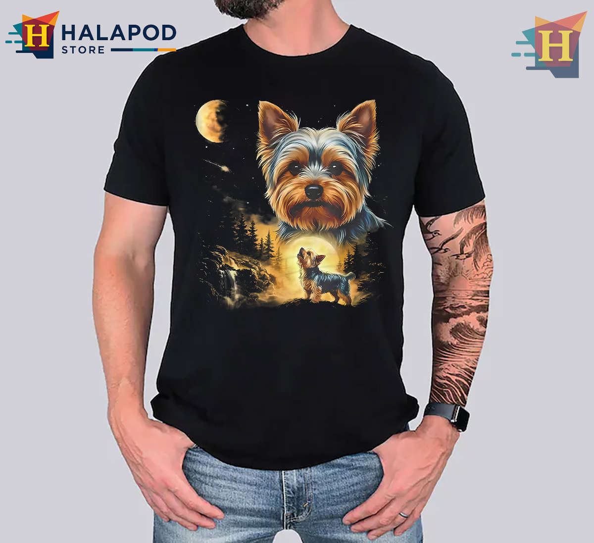 Retro Dog Lover Tee Yorkie Howling Moon Vintage Shirt Classic Pet Art Design