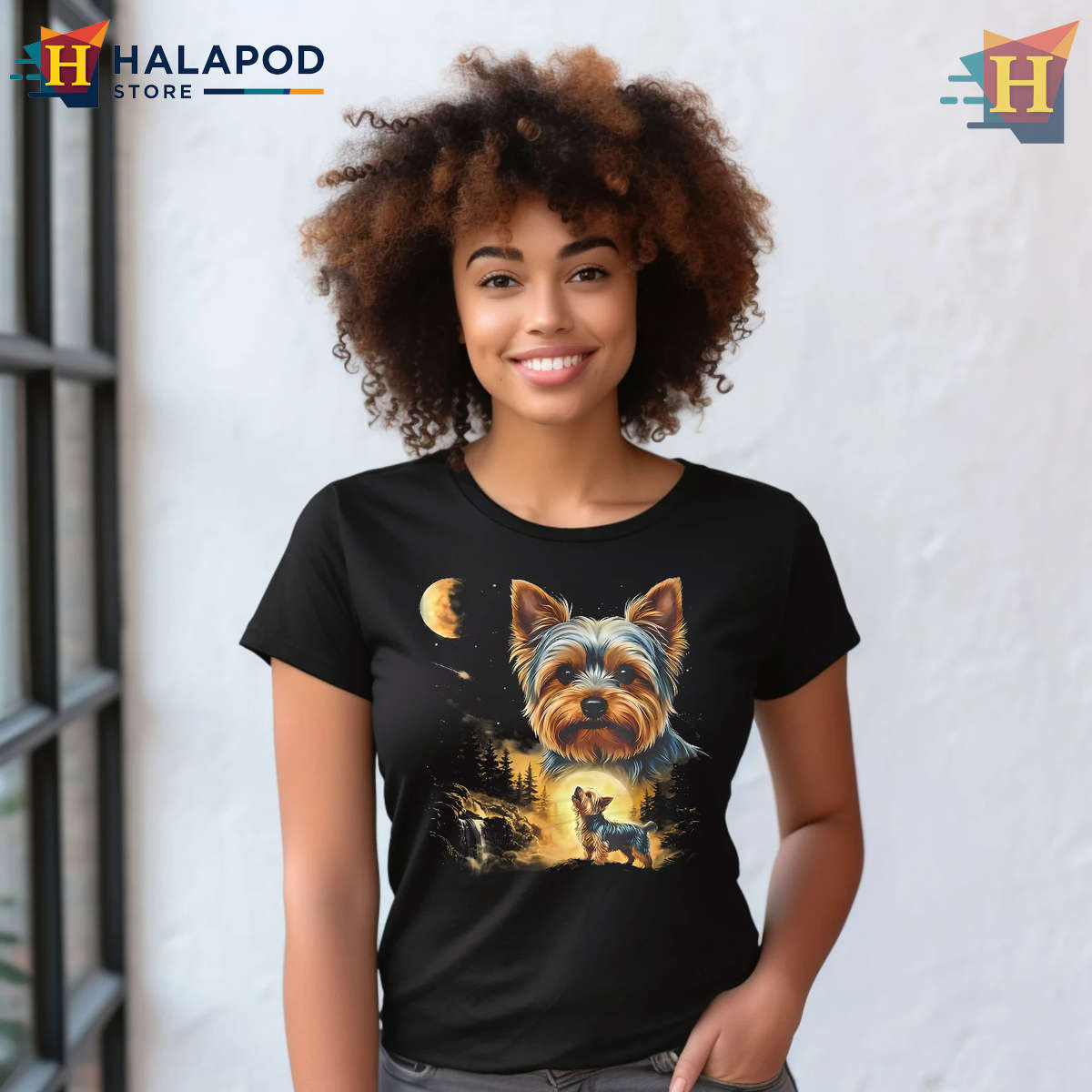 Retro Dog Lover Tee Yorkie Howling Moon Vintage Shirt Classic Pet Art Design